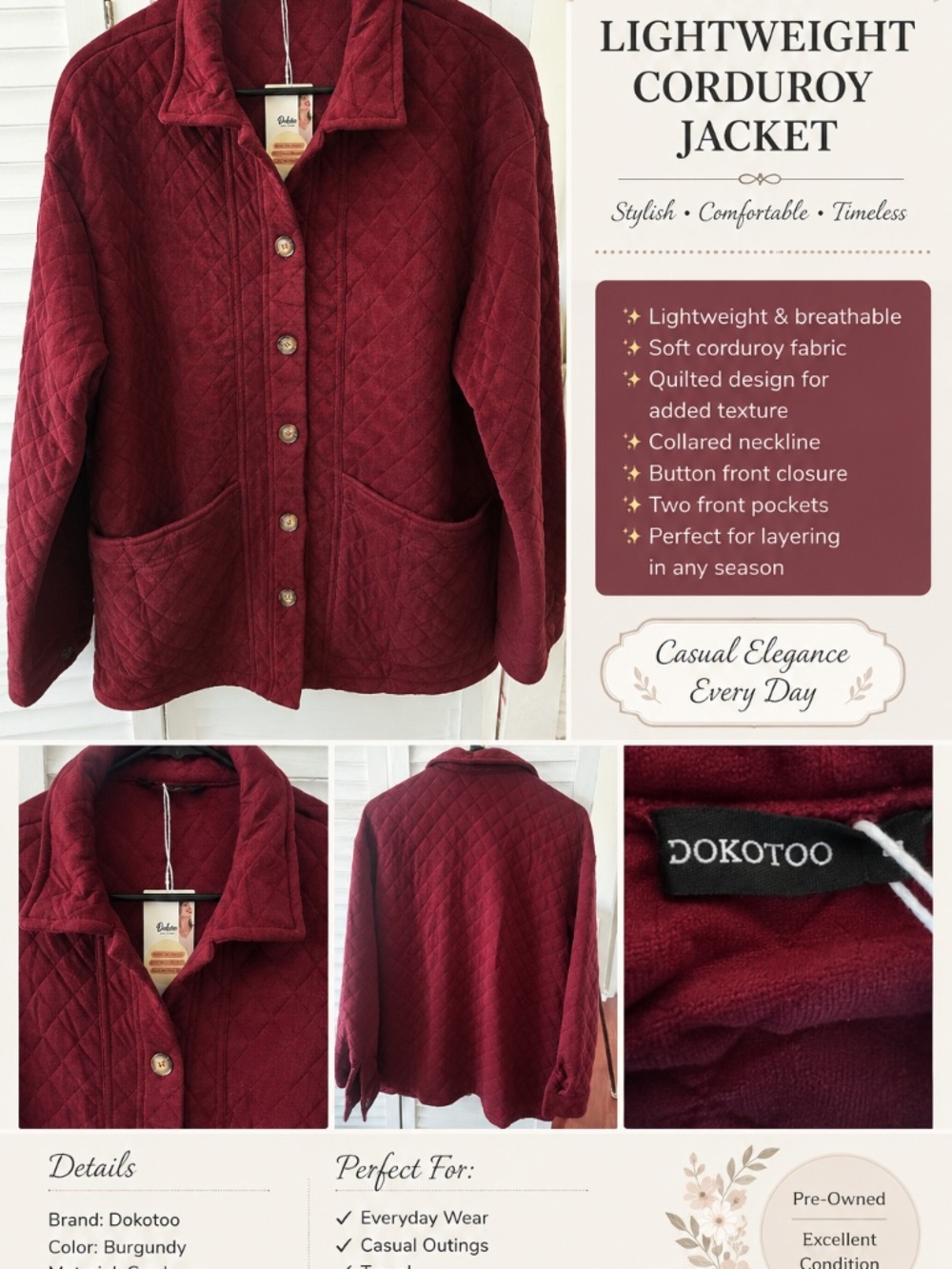 NEW Dokotoo Women's Burgundy Quilted Lightweight Corduroy Jacket – Medium